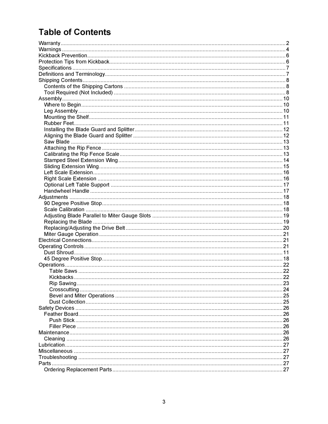 Jet Tools 708315BTA operating instructions Table of Contents 