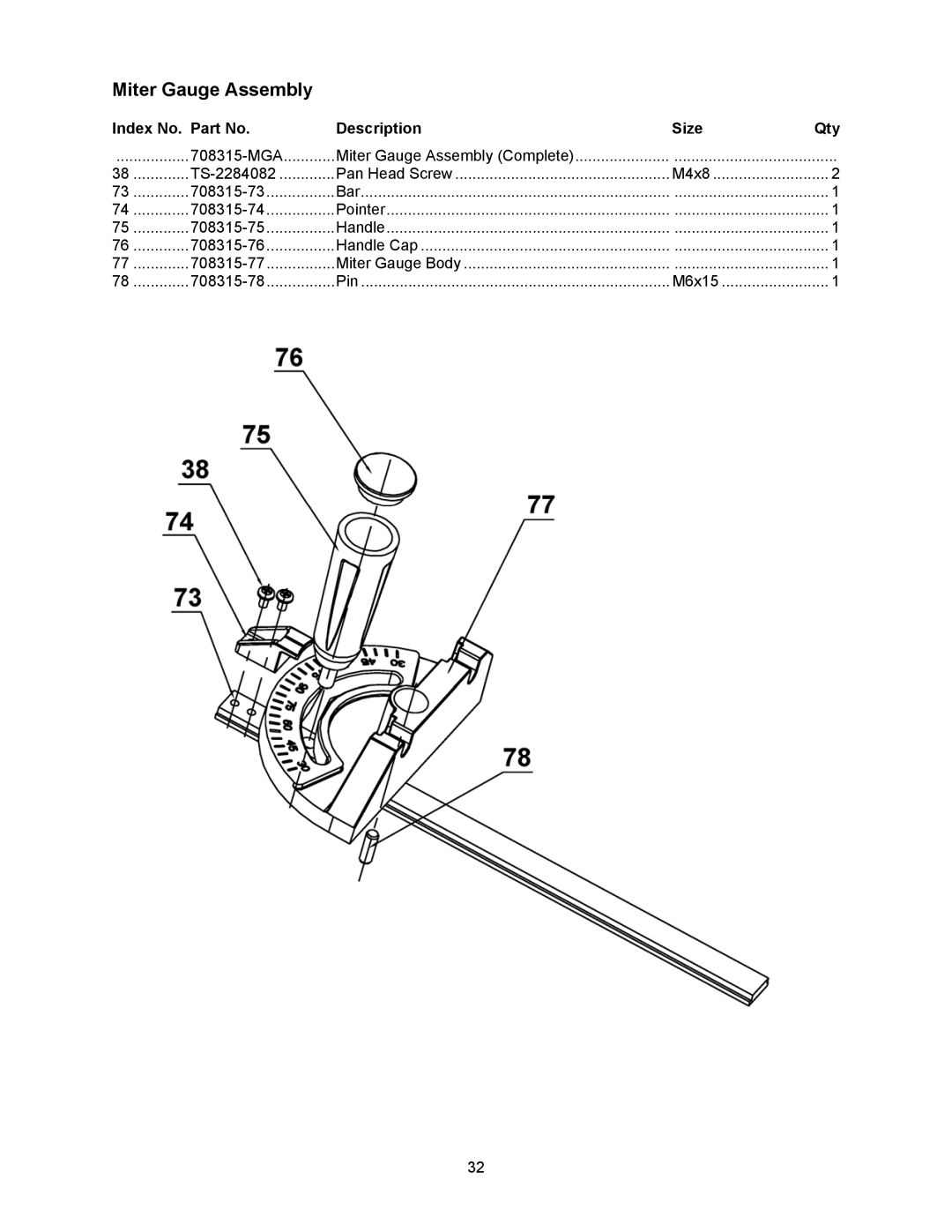 Jet Tools 708315BTA operating instructions Miter Gauge Assembly 