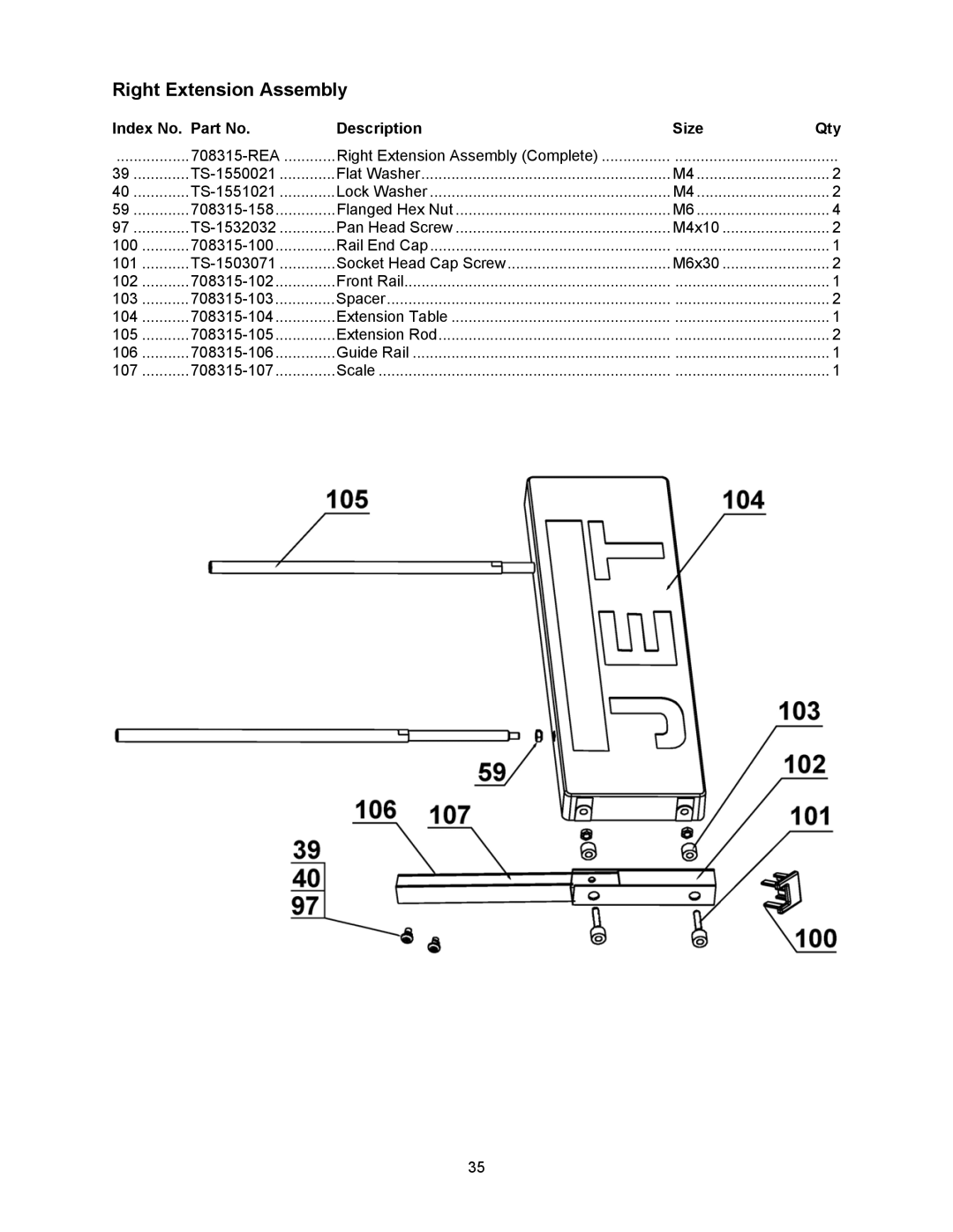 Jet Tools 708315BTA operating instructions Right Extension Assembly 