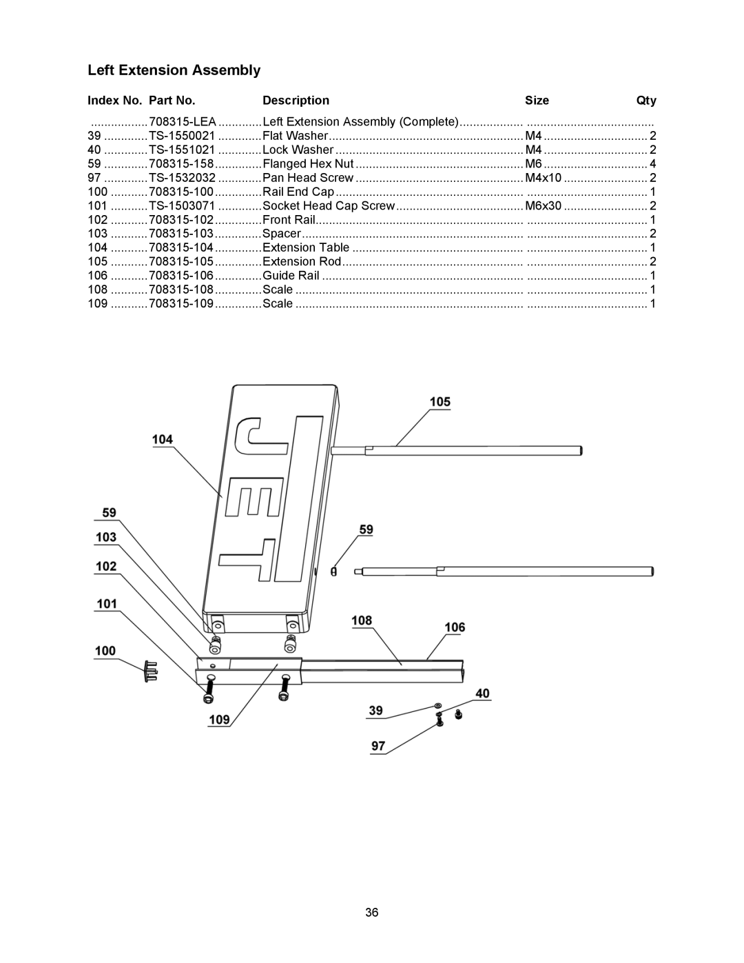 Jet Tools 708315BTA operating instructions Left Extension Assembly 