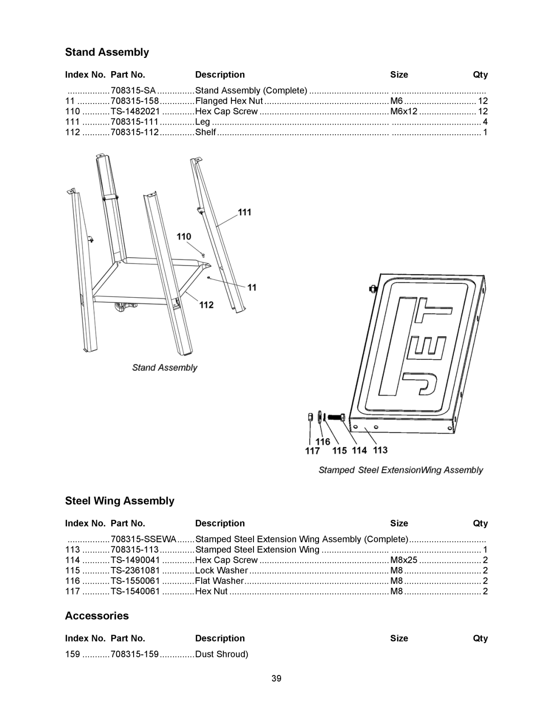 Jet Tools 708315BTA operating instructions Stand Assembly, Steel Wing Assembly, Accessories, Dust Shroud 