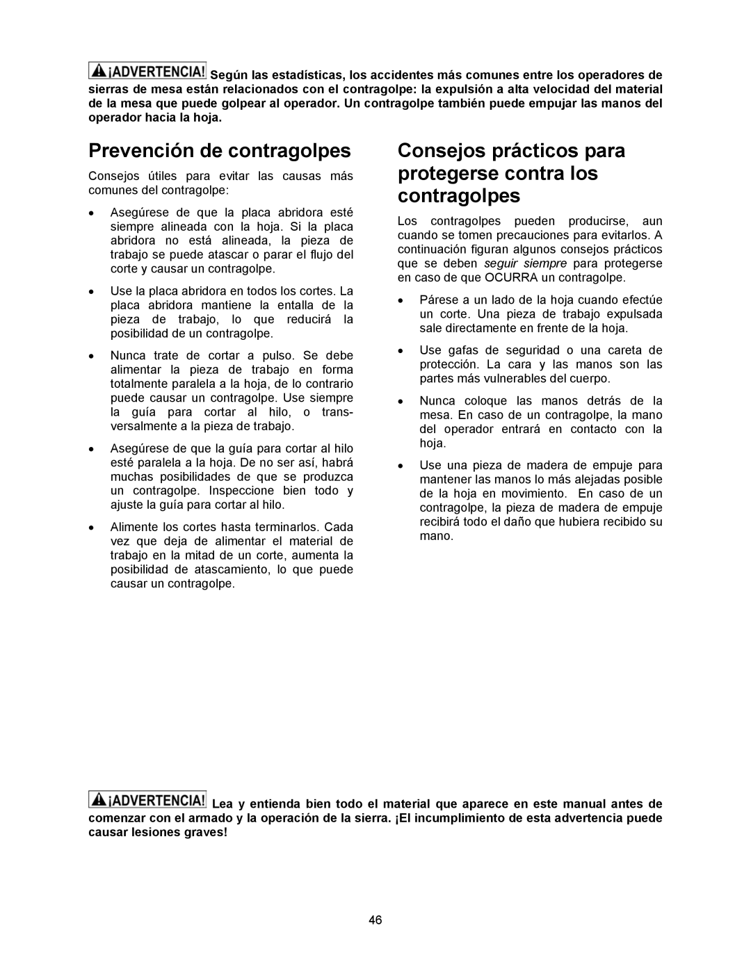 Jet Tools 708315BTA Prevención de contragolpes, Consejos prácticos para protegerse contra los contragolpes 