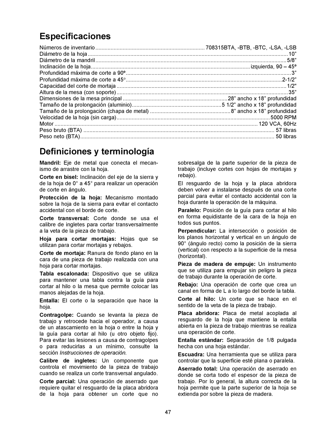 Jet Tools 708315BTA operating instructions Especificaciones, Definiciones y terminología 