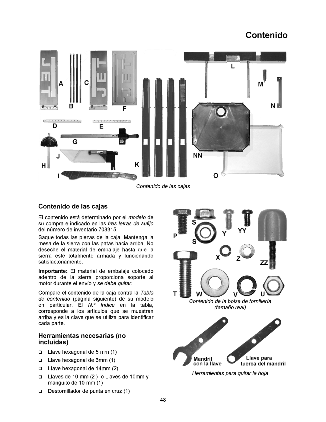 Jet Tools 708315BTA operating instructions Contenido de las cajas, Herramientas necesarias no incluidas 