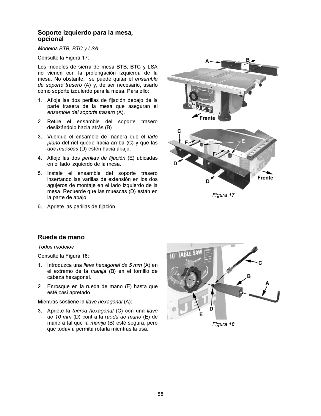 Jet Tools 708315BTA operating instructions Soporte izquierdo para la mesa, opcional, Rueda de mano, Modelos BTB, BTC y LSA 