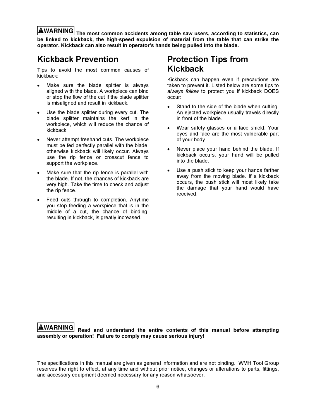 Jet Tools 708315BTA operating instructions Kickback Prevention, Protection Tips from Kickback 