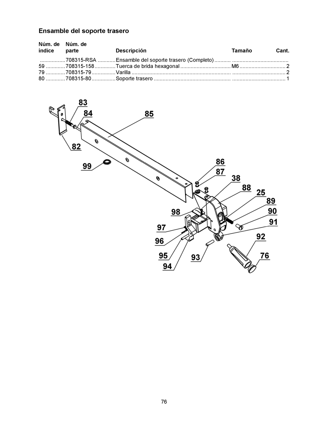 Jet Tools 708315BTA operating instructions Ensamble del soporte trasero 