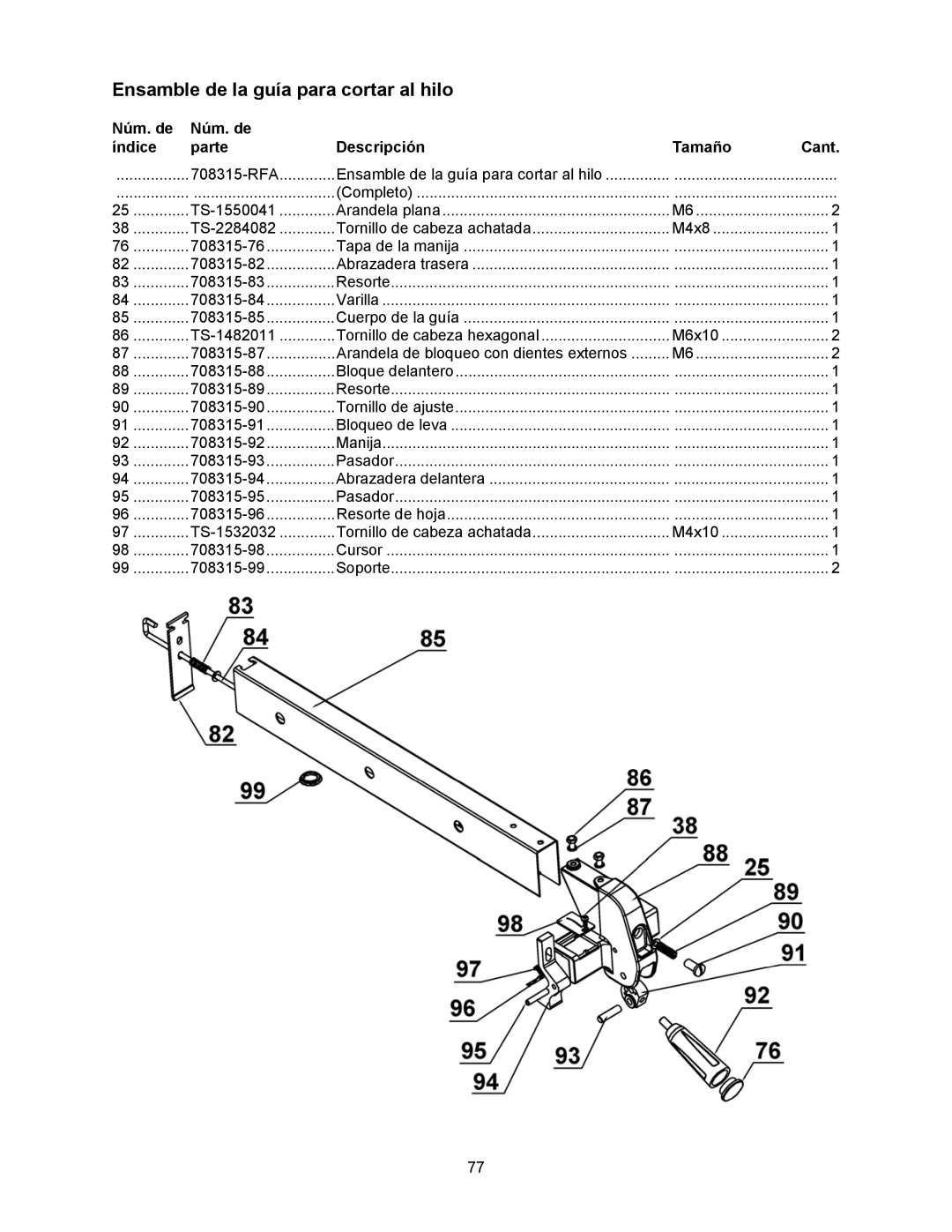 Jet Tools 708315BTA operating instructions Ensamble de la guía para cortar al hilo 