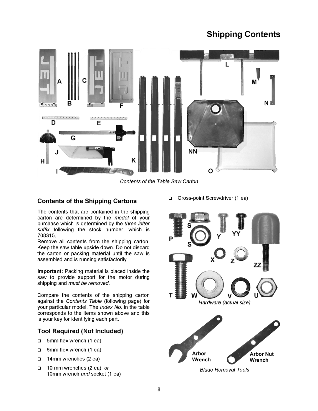 Jet Tools 708315BTA operating instructions Shipping Contents 