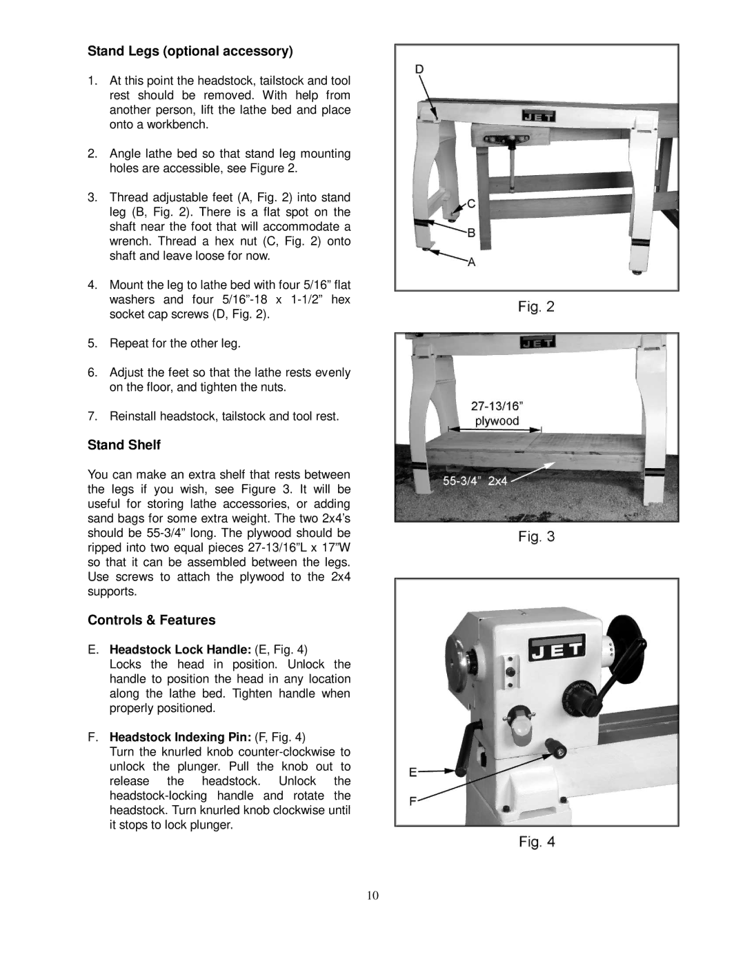 Jet Tools 708358 Stand Legs optional accessory, Stand Shelf, Controls & Features, Headstock Lock Handle E, Fig 