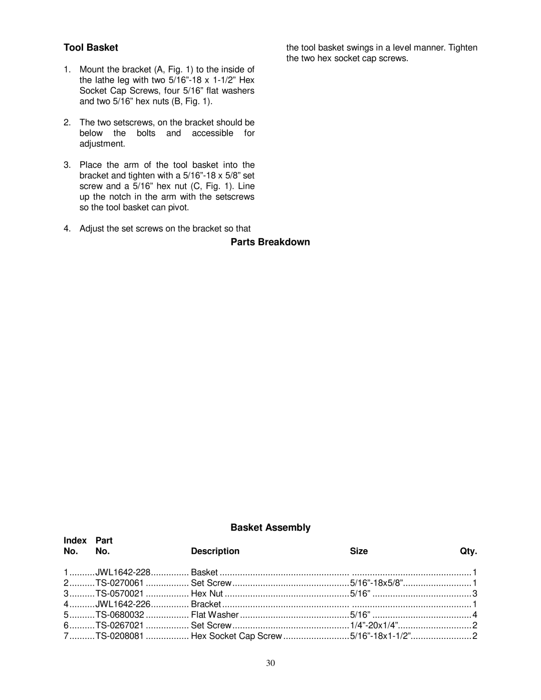 Jet Tools 708358 operating instructions Tool Basket, Parts Breakdown Basket Assembly 