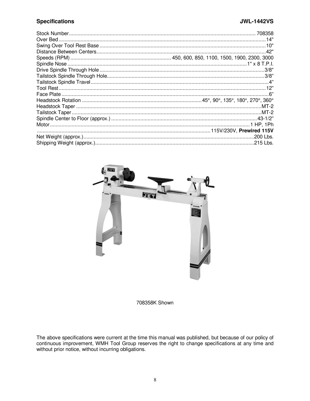 Jet Tools 708358 operating instructions Specifications JWL-1442VS, 115V/230V, Prewired 