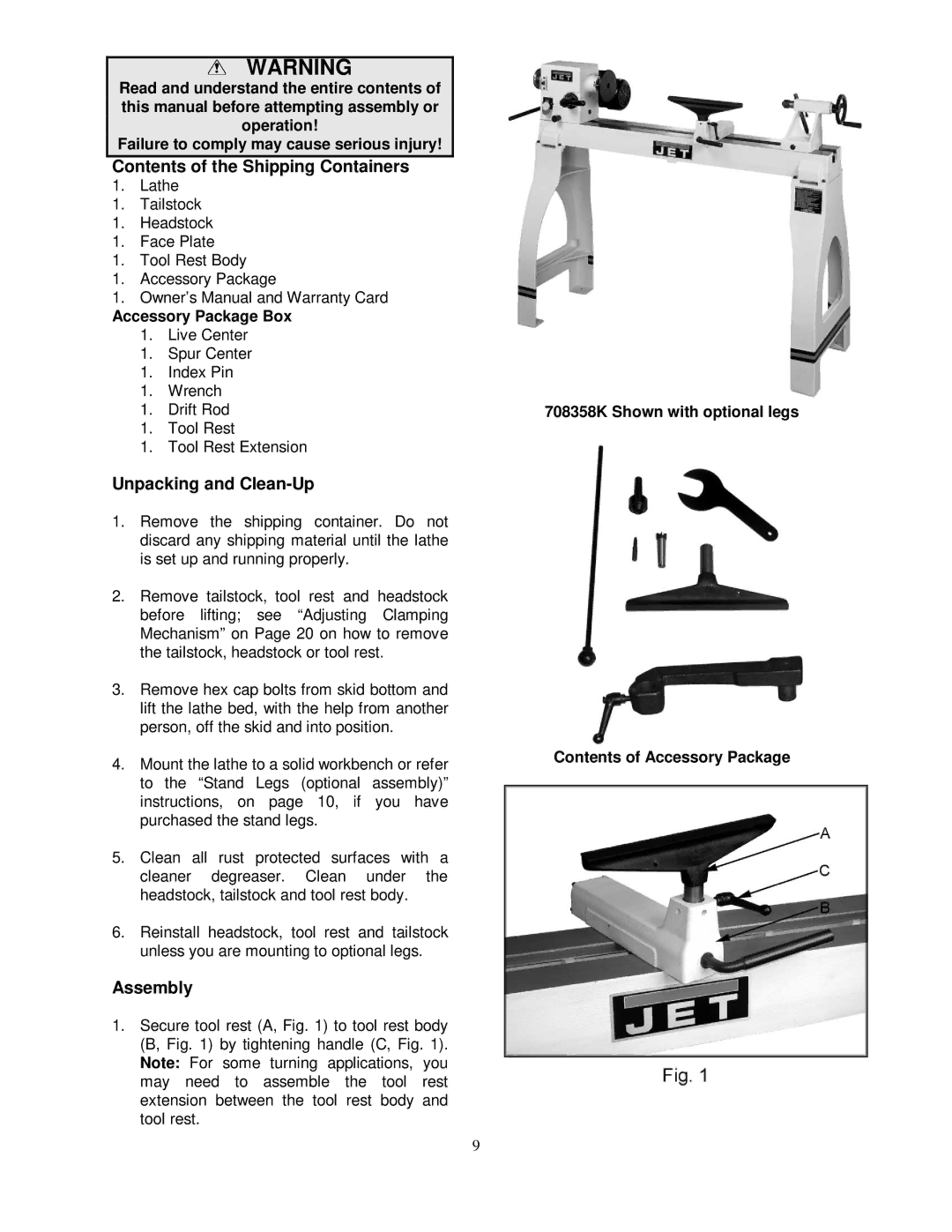 Jet Tools 708358 operating instructions Contents of the Shipping Containers, Unpacking and Clean-Up, Assembly 