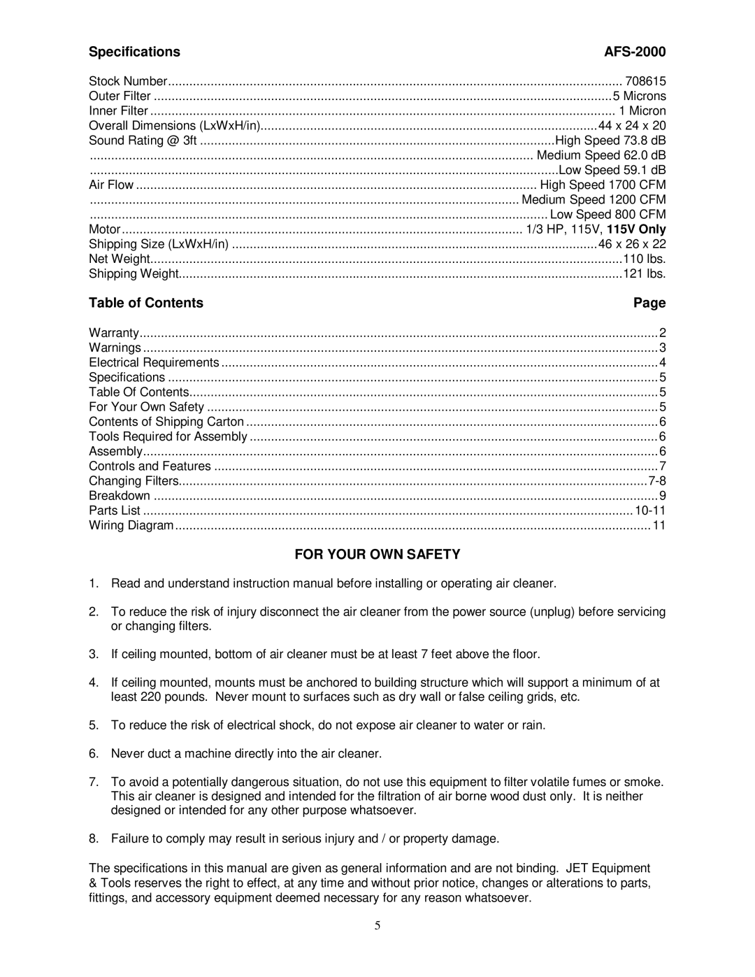 Jet Tools owner manual Specifications AFS-2000, Table of Contents 