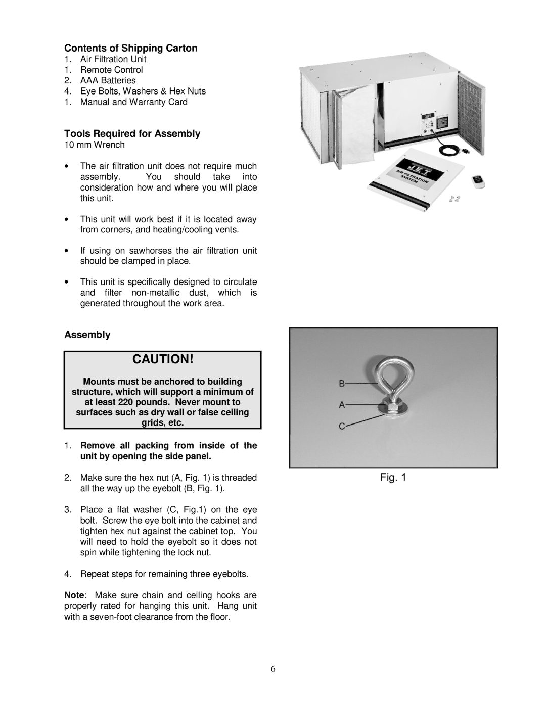 Jet Tools AFS-2000 owner manual Contents of Shipping Carton, Tools Required for Assembly 