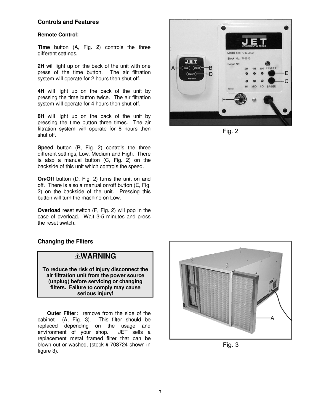 Jet Tools AFS-2000 owner manual Controls and Features, Changing the Filters, Remote Control 