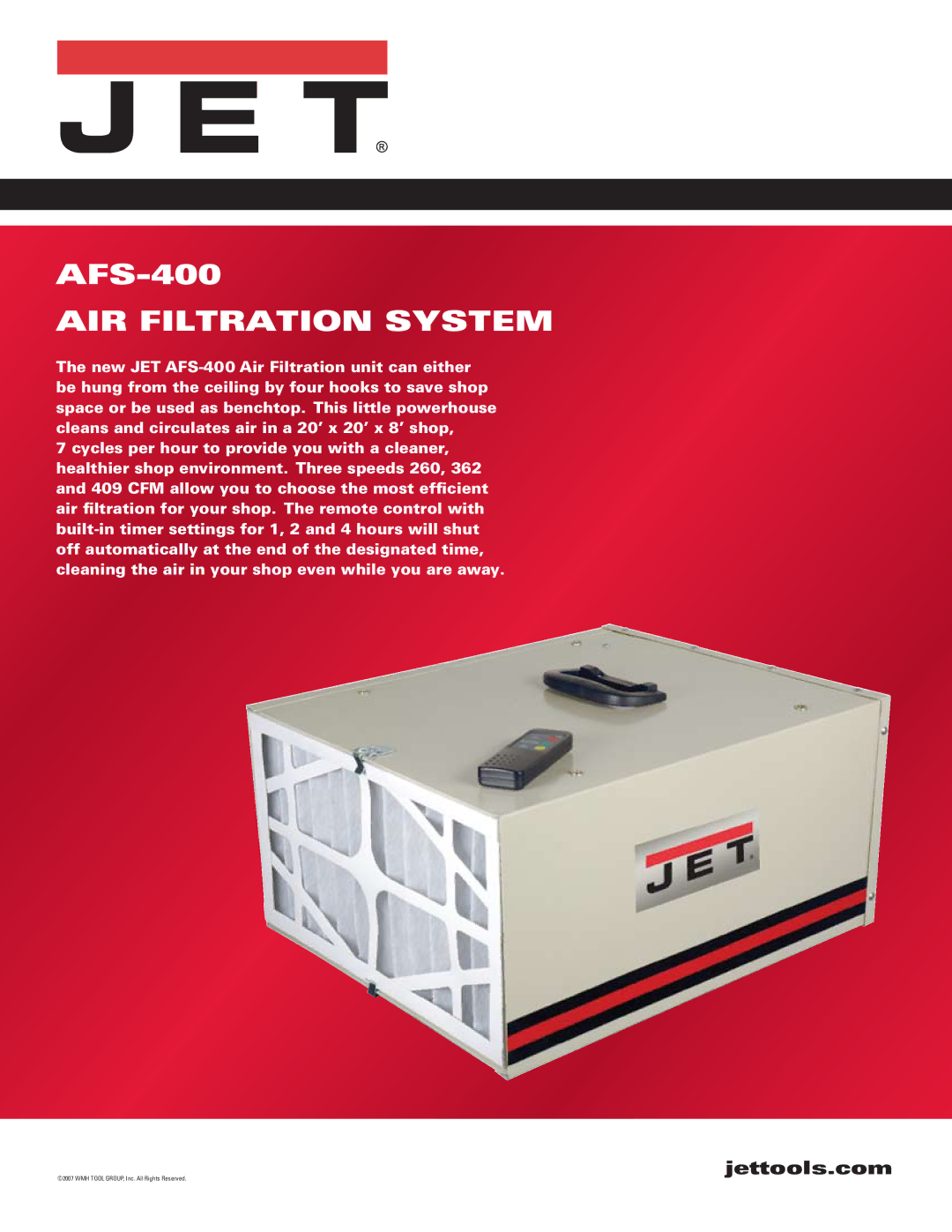 Jet Tools AFS-400 manual AIR Filtration System, Jettools.com 