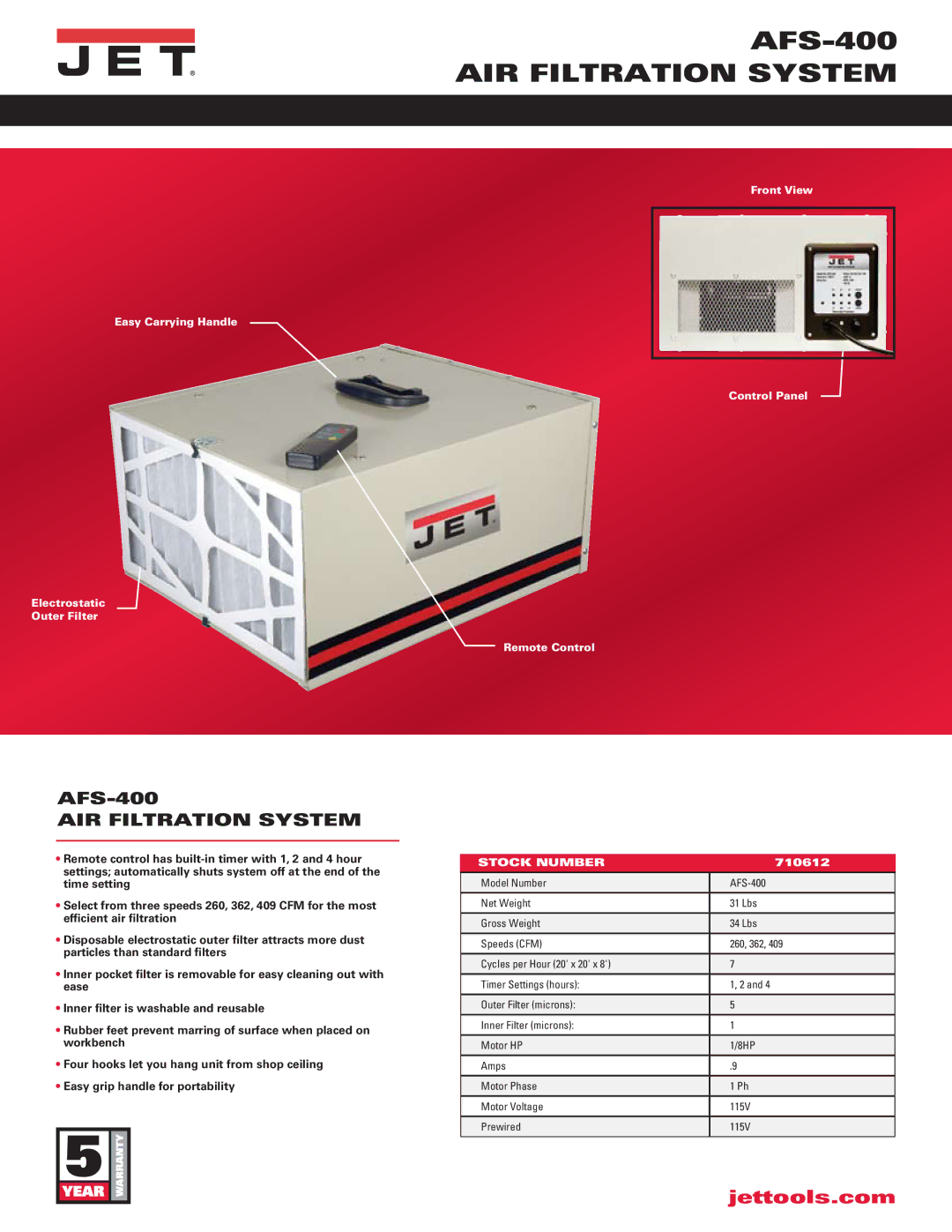 Jet Tools manual AFS-400 air filtration system, Afs-400 Air filtration System, Stock Number 