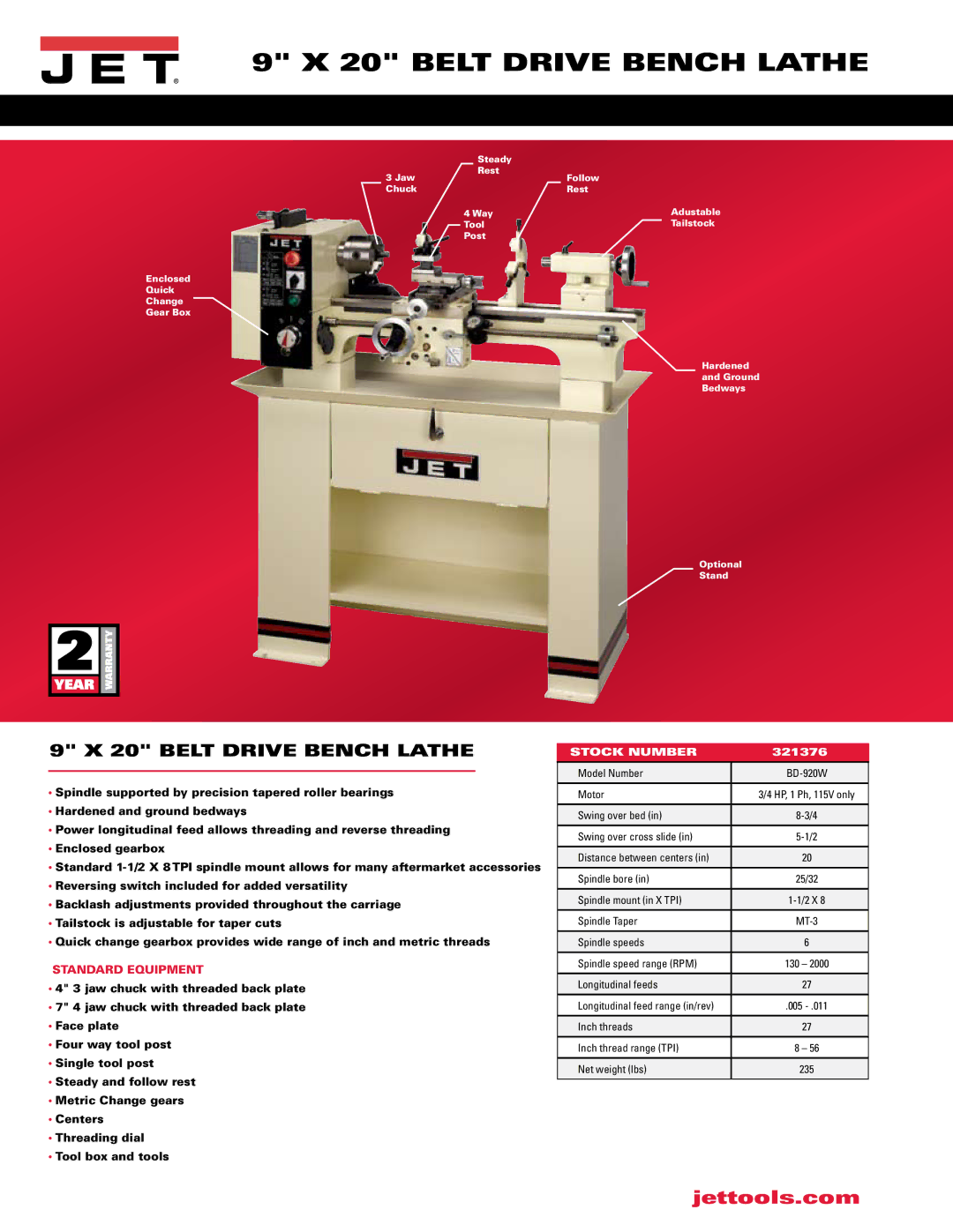 Jet Tools BD-920W manual Belt Drive Bench Lathe, Standard Equipment, Stock Number, 321376 