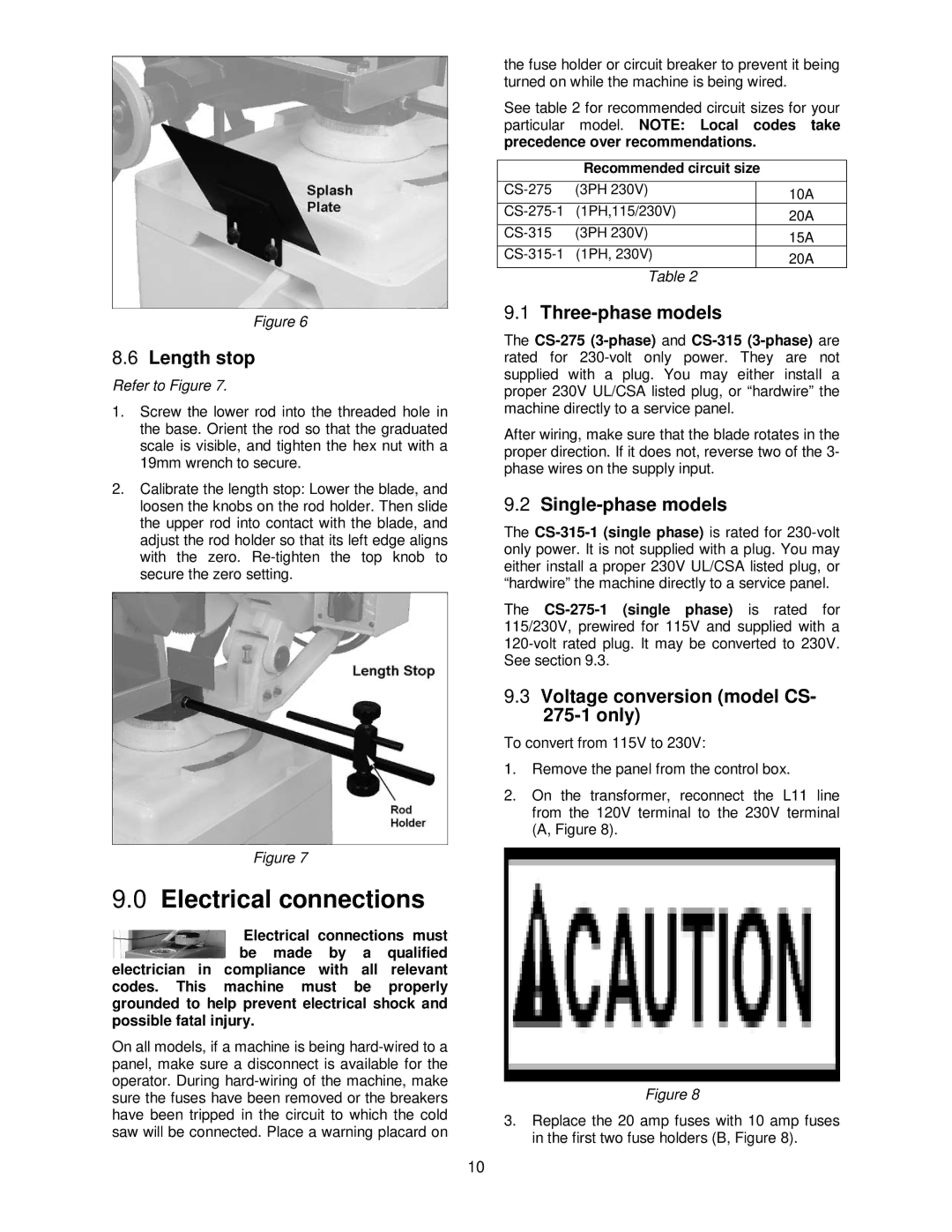 Jet Tools CS-275, CS-315 operating instructions Electrical connections, Length stop, Three-phase models, Single-phase models 