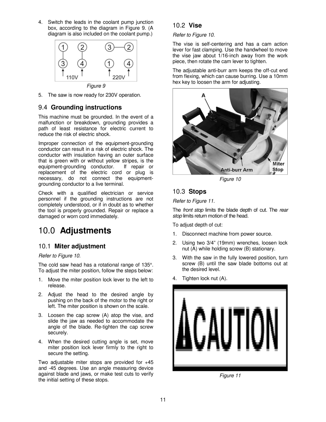 Jet Tools CS-315, CS-275 operating instructions Adjustments, Grounding instructions, Miter adjustment, Vise, Stops 