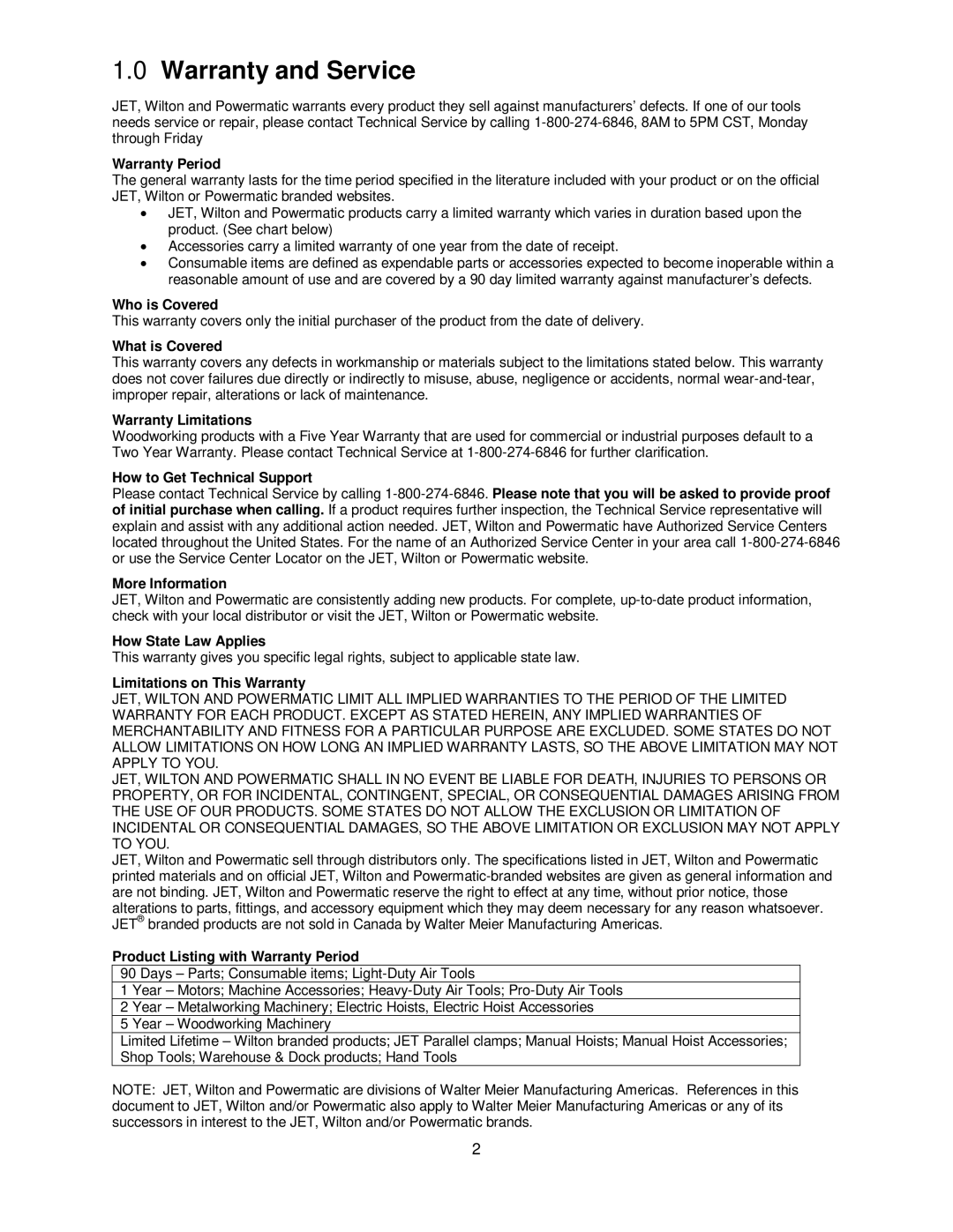 Jet Tools CS-275, CS-315 operating instructions Warranty and Service, Warranty Period 