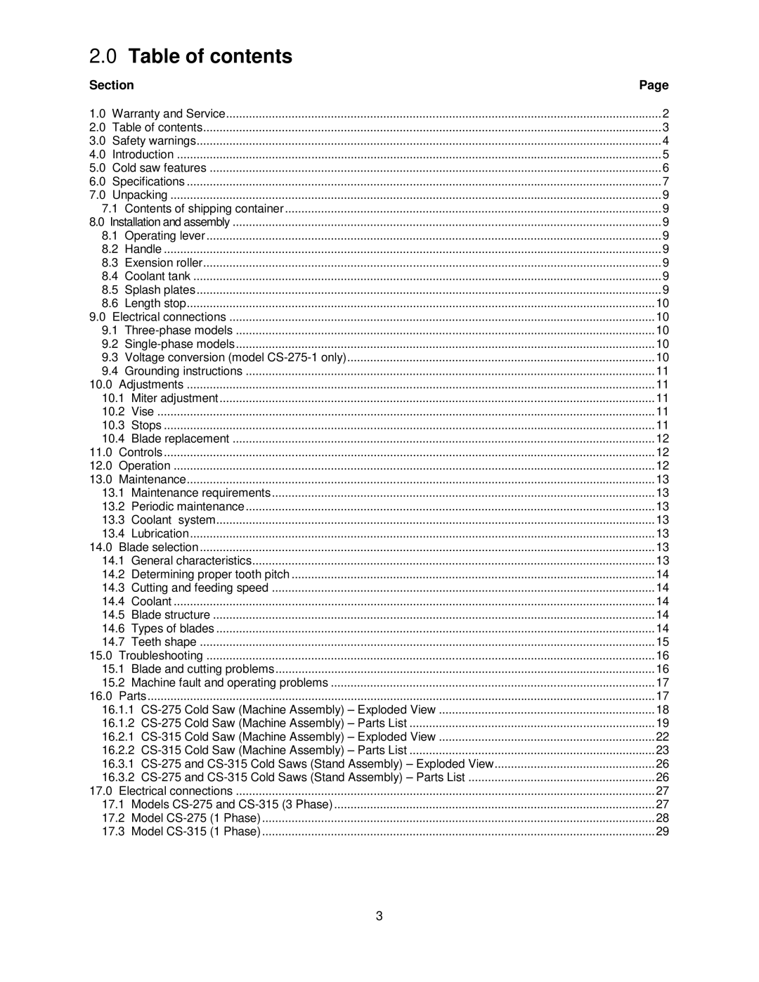 Jet Tools CS-315, CS-275 operating instructions Table of contents 