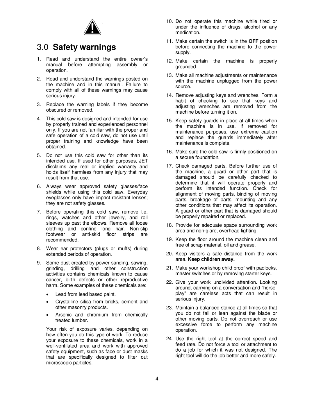 Jet Tools CS-275, CS-315 operating instructions Safety warnings 