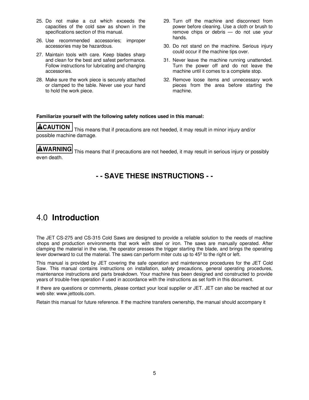 Jet Tools CS-315, CS-275 operating instructions Introduction 