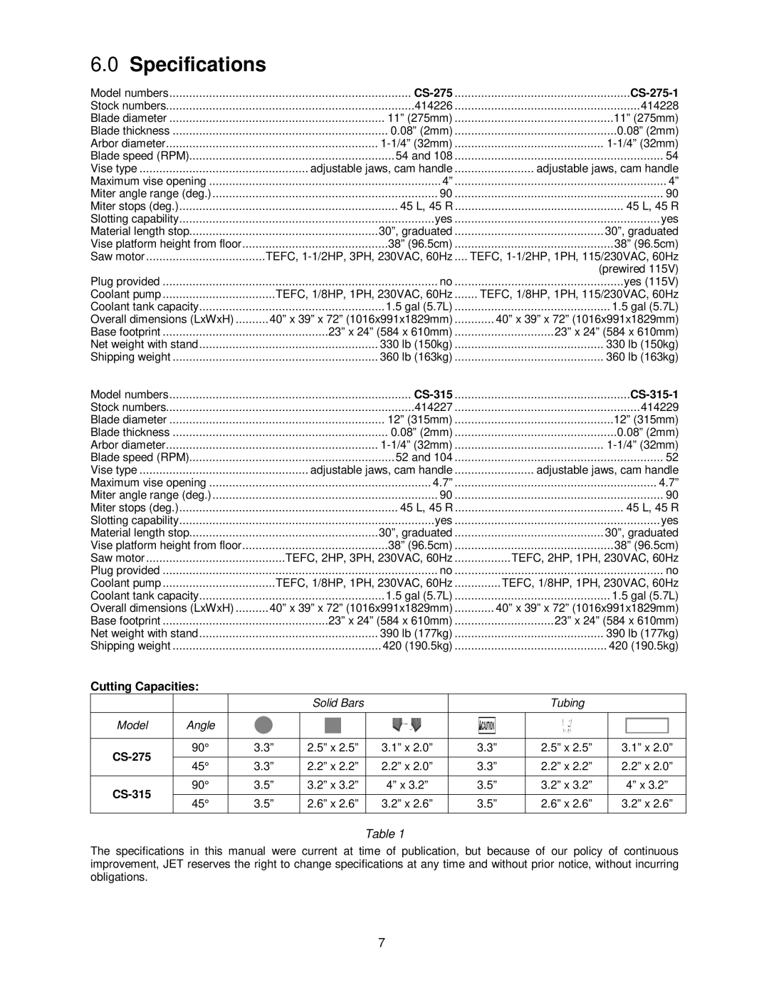 Jet Tools CS-315, CS-275 operating instructions Specifications, Cutting Capacities 