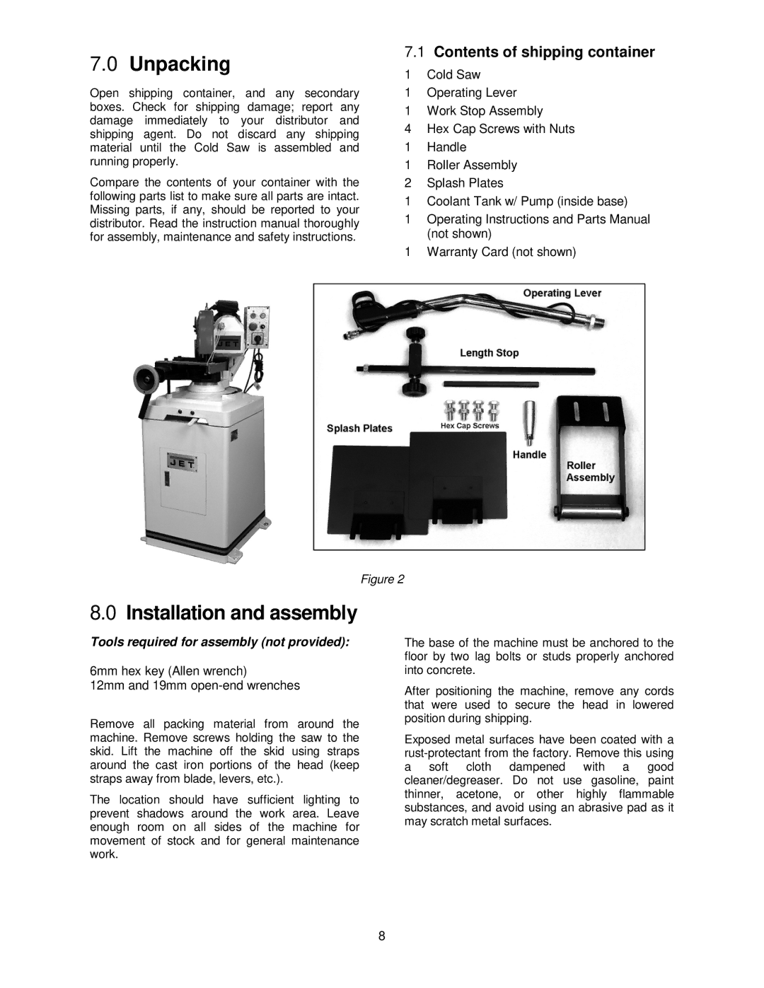 Jet Tools CS-275, CS-315 operating instructions Unpacking, Installation and assembly, Contents of shipping container 