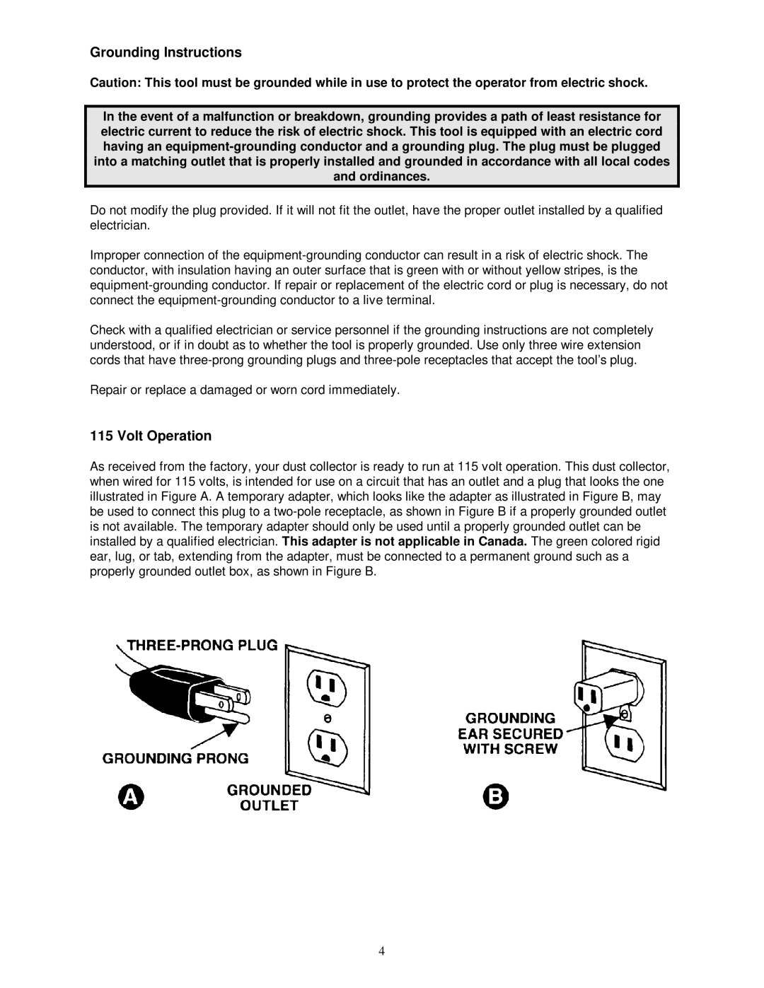 Jet Tools DC-1100C owner manual Grounding Instructions, Volt Operation 