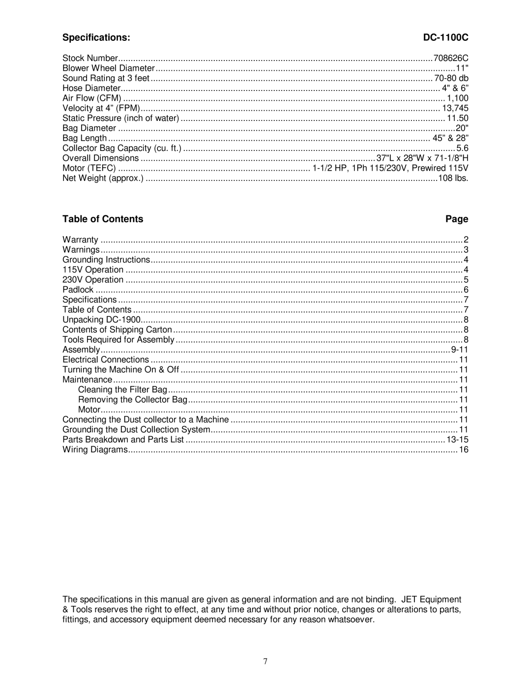 Jet Tools owner manual Specifications DC-1100C, Table of Contents 