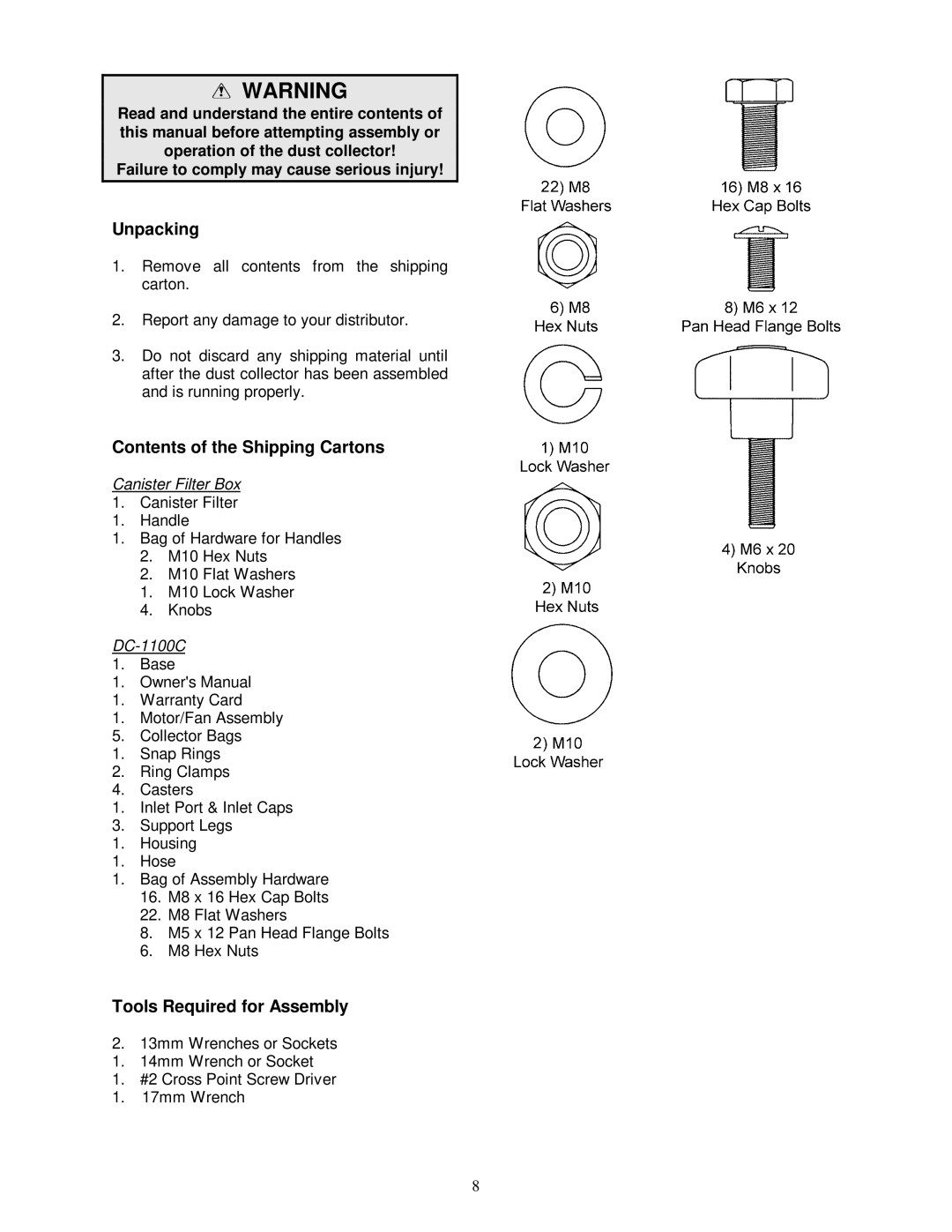 Jet Tools DC-1100C owner manual Unpacking, Contents of the Shipping Cartons, Tools Required for Assembly 