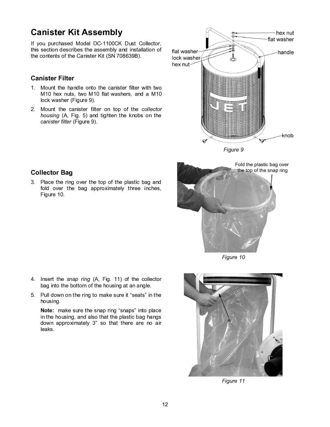 Jet Tools DC-1100CK operating instructions Canister Kit Assembly, Canister Filter, Collector Bag 