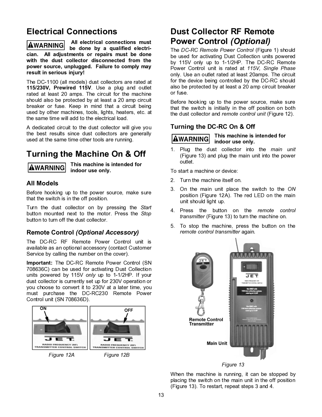 Jet Tools DC-1100CK Electrical Connections, Turning the Machine On & Off, Dust Collector RF Remote Power Control Optional 