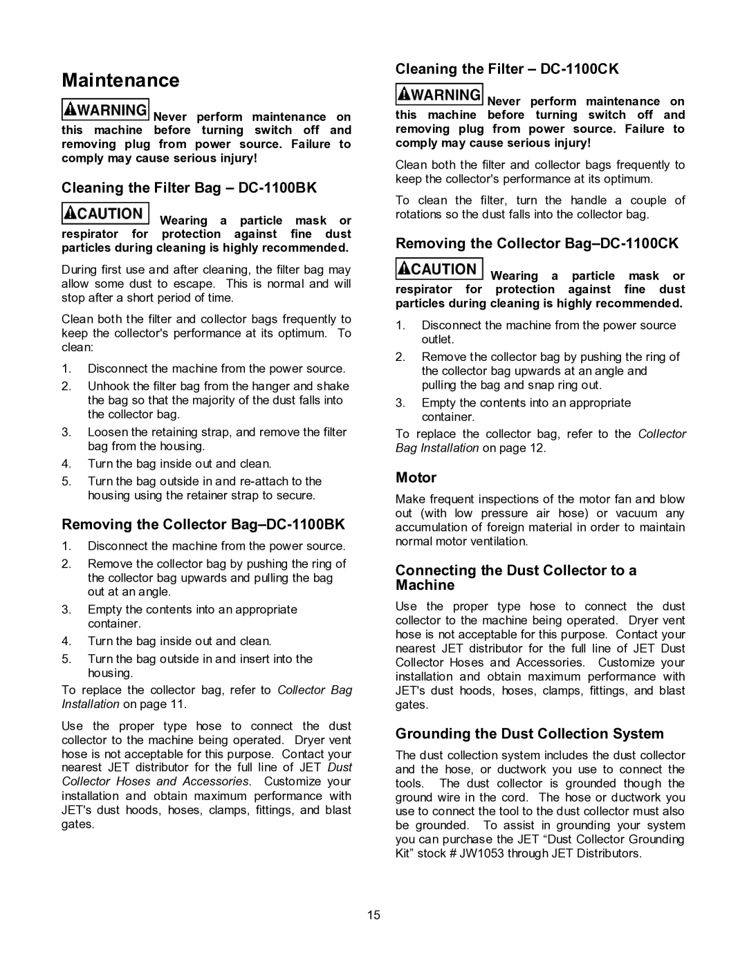 Jet Tools DC-1100CK operating instructions Maintenance 