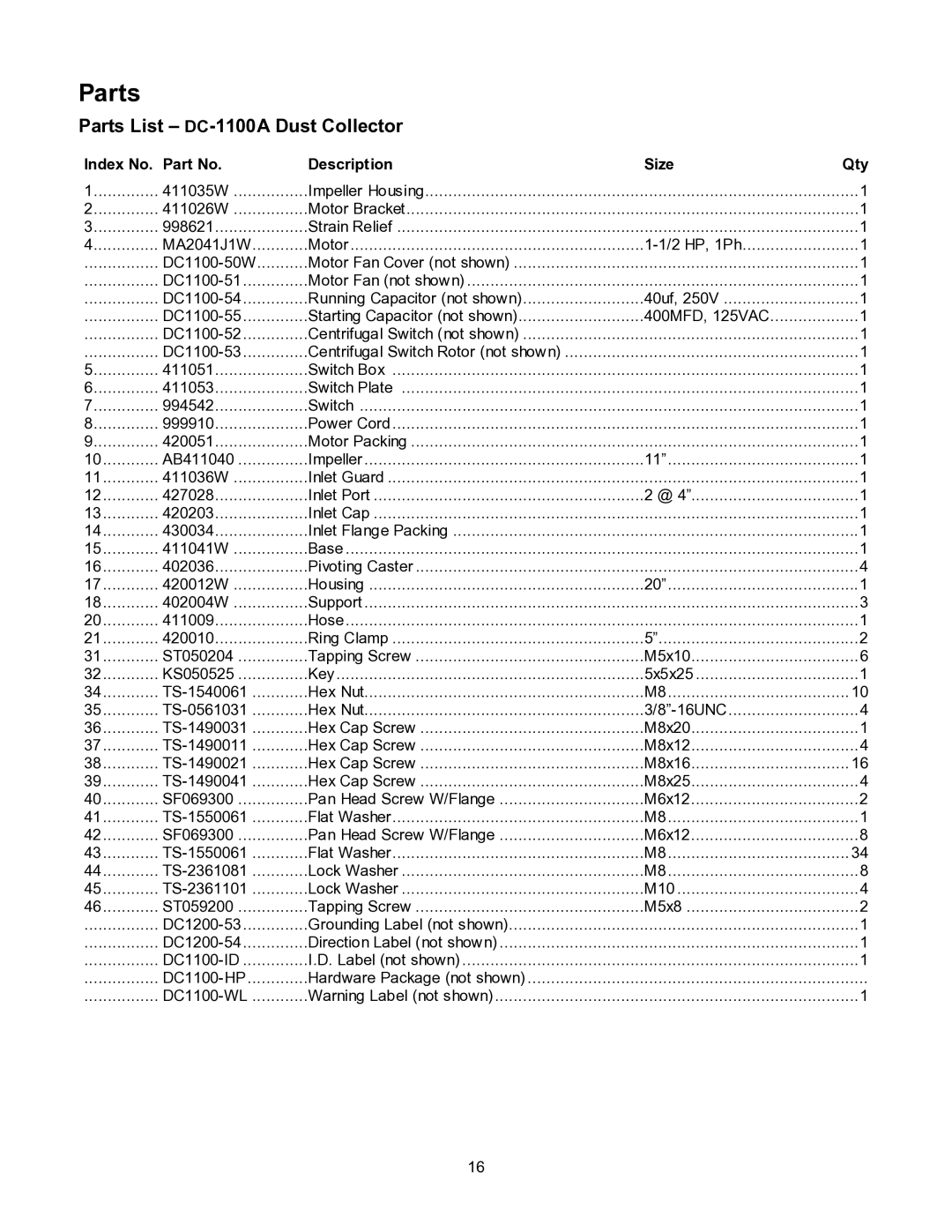 Jet Tools DC-1100CK operating instructions Parts List DC-1100A Dust Collector 