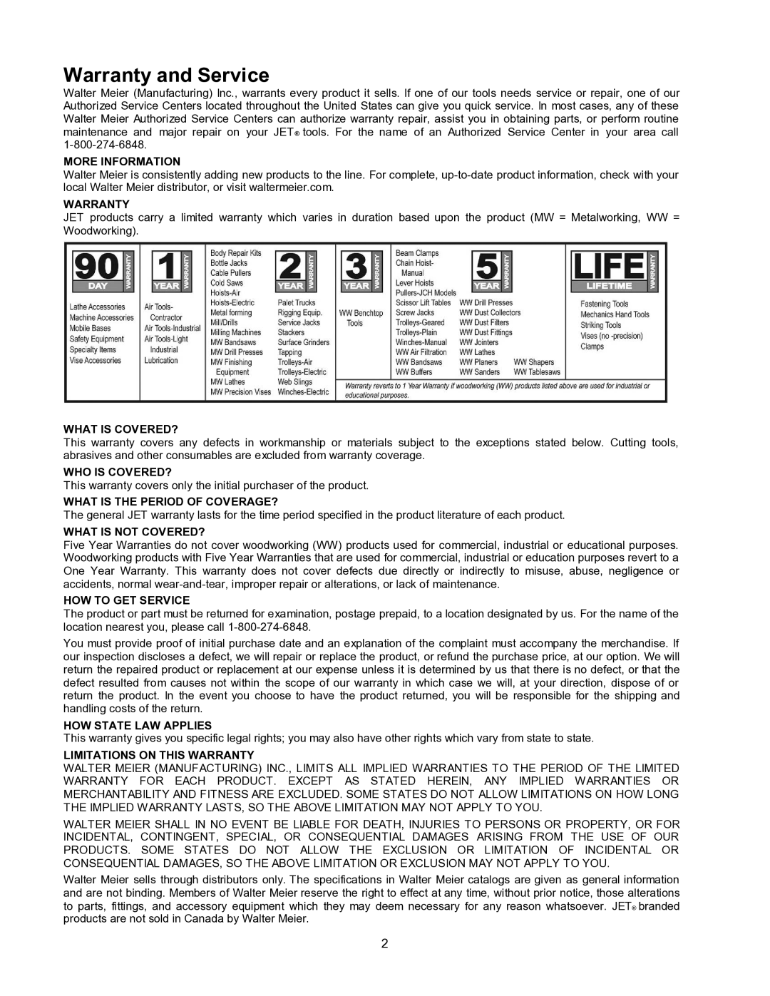 Jet Tools DC-1100CK operating instructions Warranty and Service, More Information 