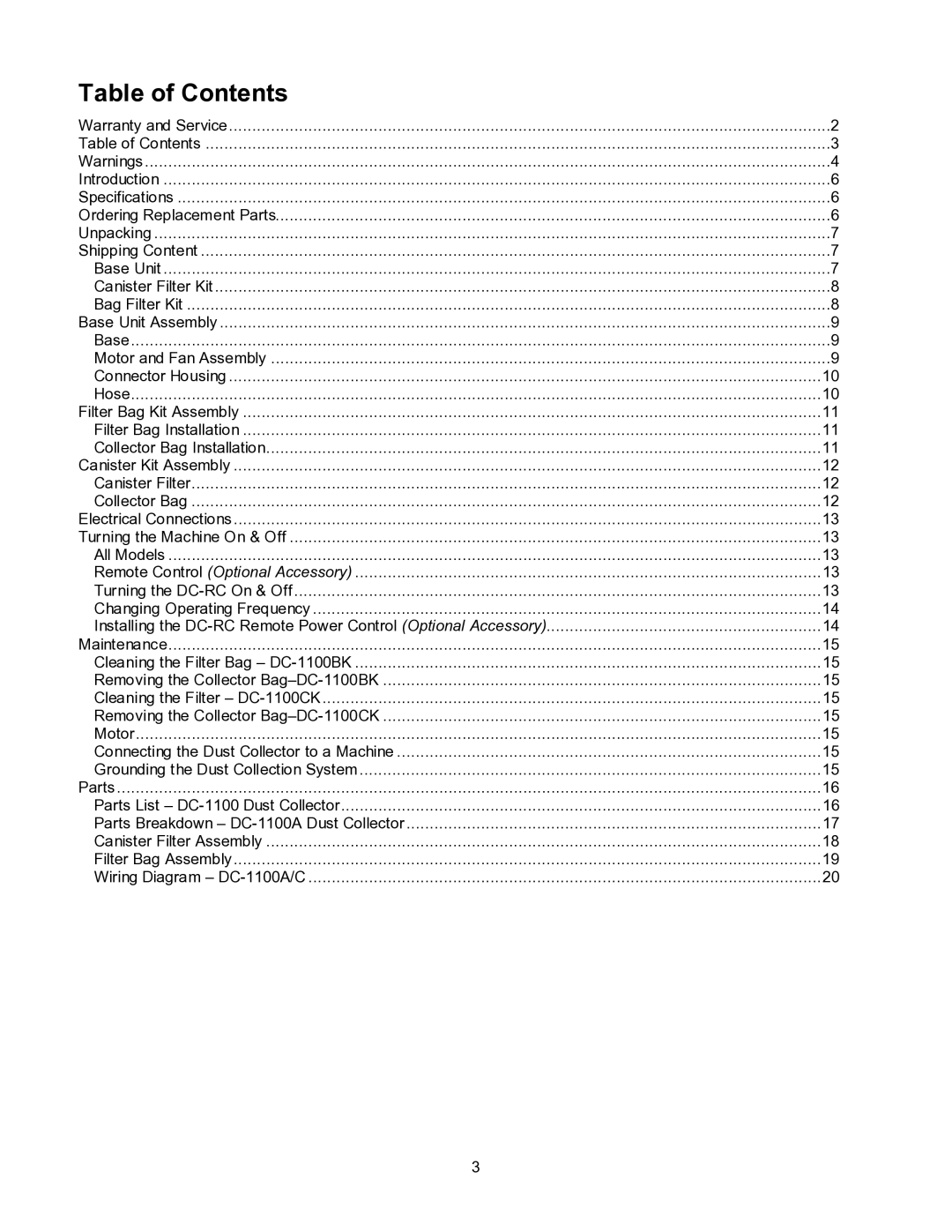 Jet Tools DC-1100CK operating instructions Table of Contents 