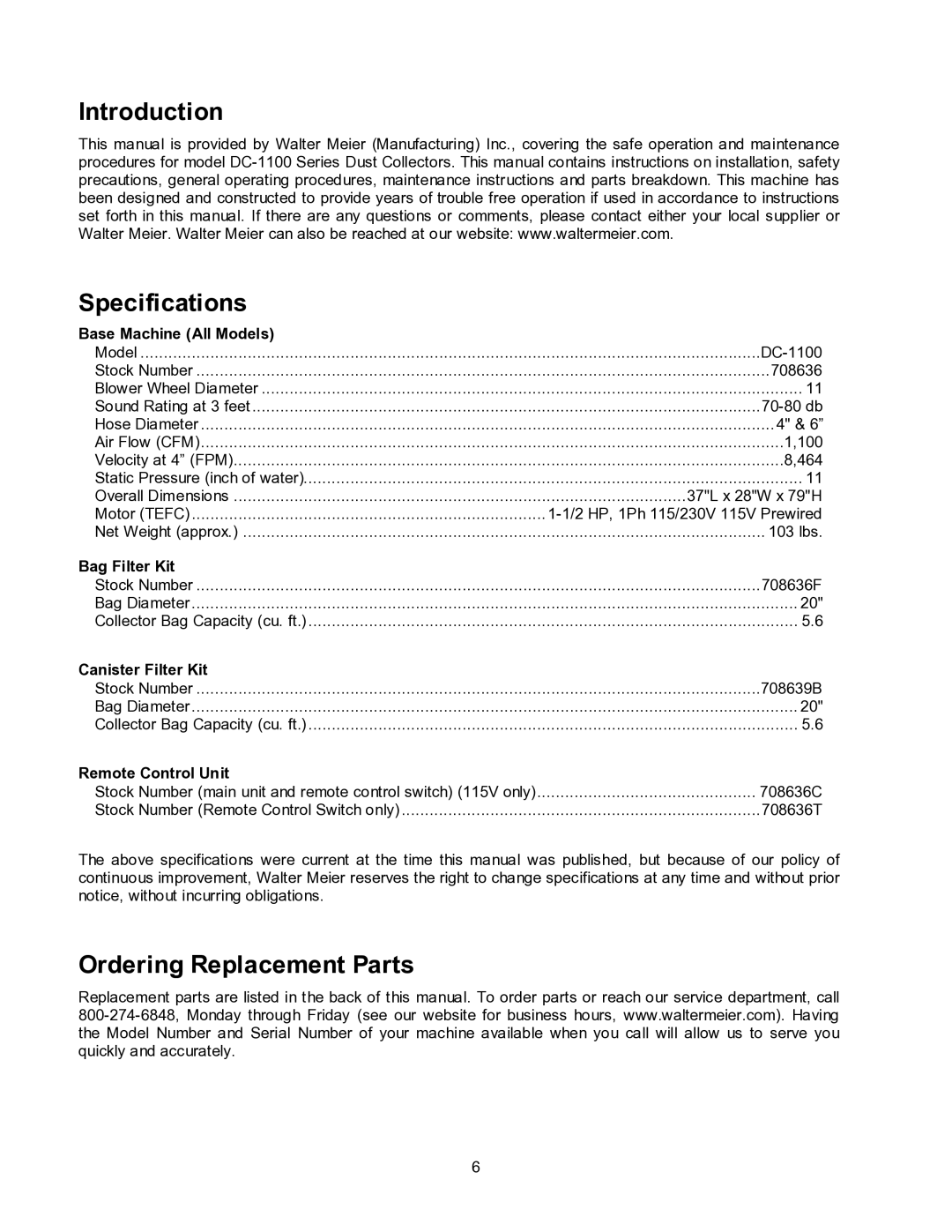 Jet Tools DC-1100CK operating instructions Introduction Specifications, Ordering Replacement Parts 