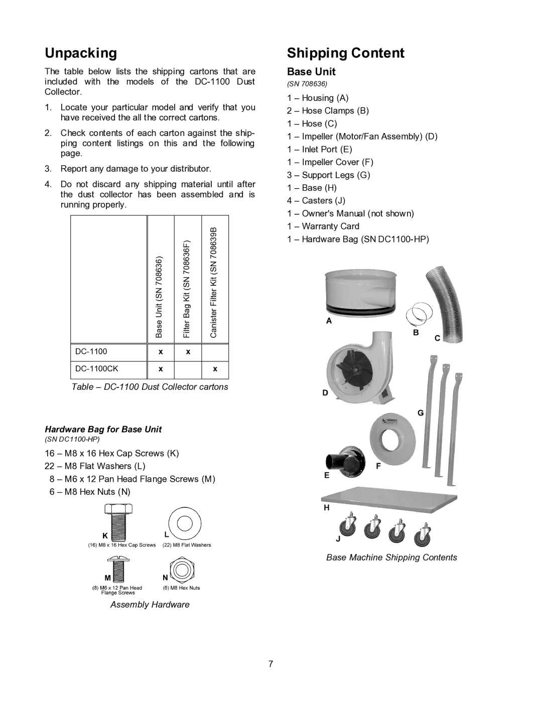 Jet Tools DC-1100CK operating instructions Unpacking, Shipping Content, Base Unit 