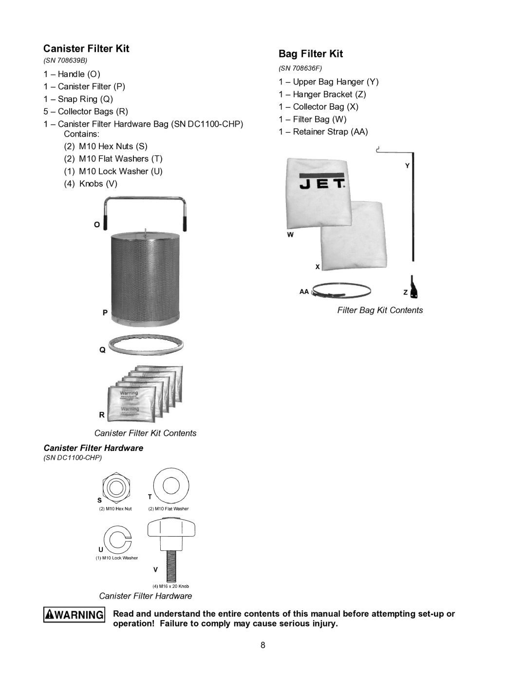 Jet Tools DC-1100CK operating instructions Canister Filter Kit, Bag Filter Kit 