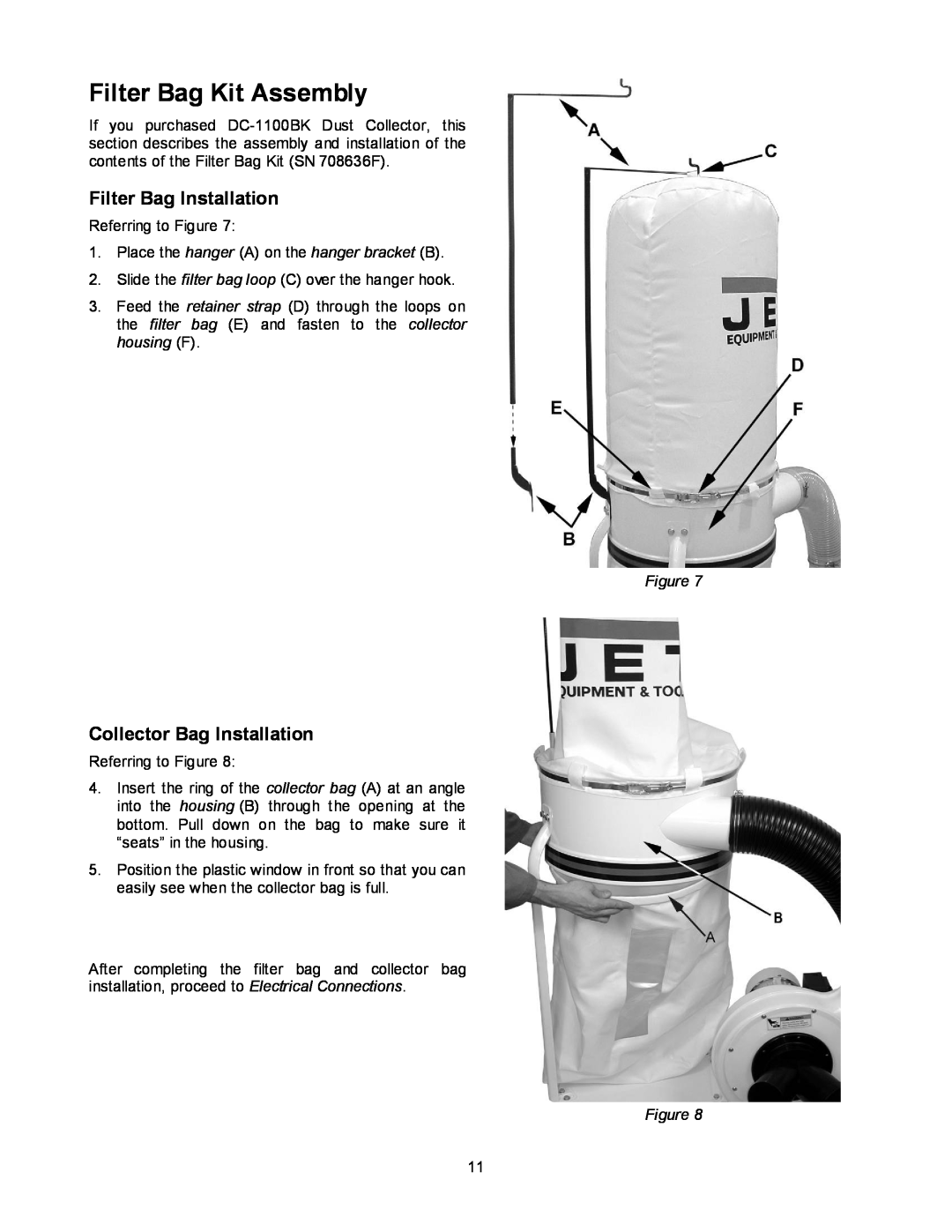 Jet Tools DC-1100CK operating instructions Filter Bag Kit Assembly, Filter Bag Installation, Collector Bag Installation 
