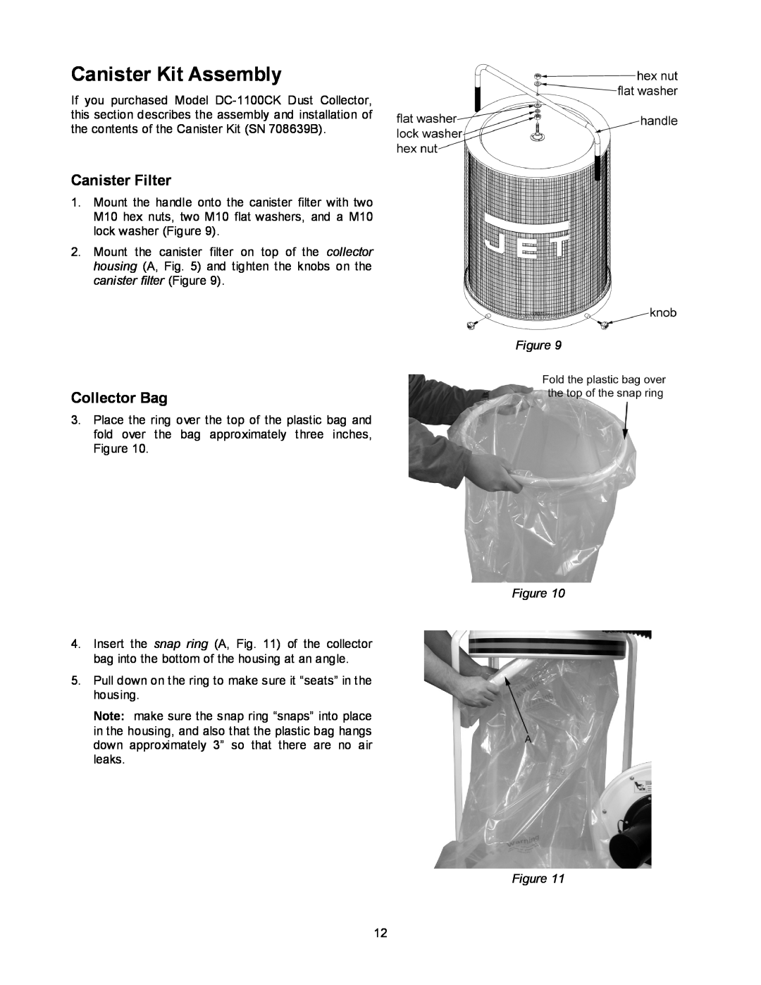 Jet Tools DC-1100CK operating instructions Canister Kit Assembly, Canister Filter, Collector Bag 