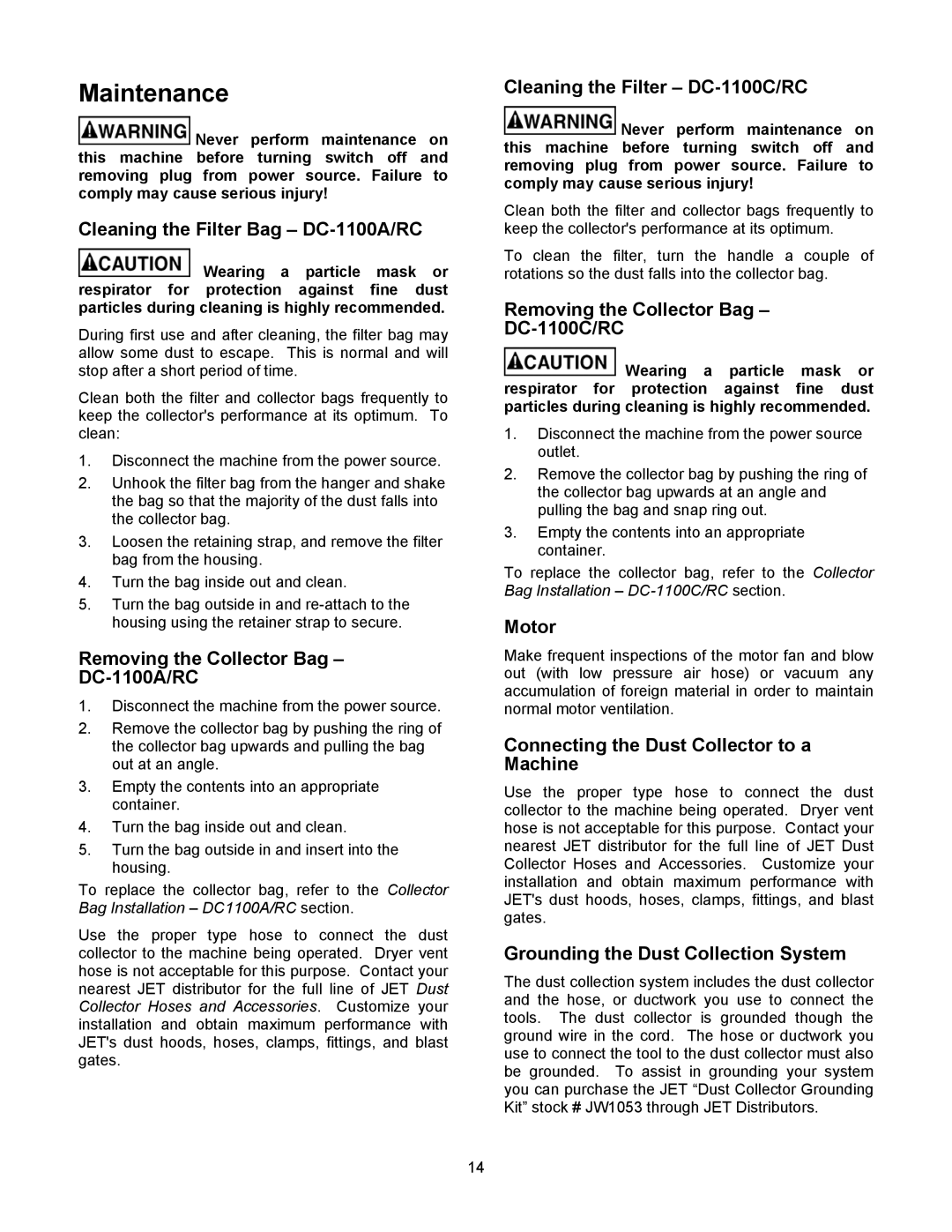 Jet Tools DC-1100G operating instructions Maintenance 