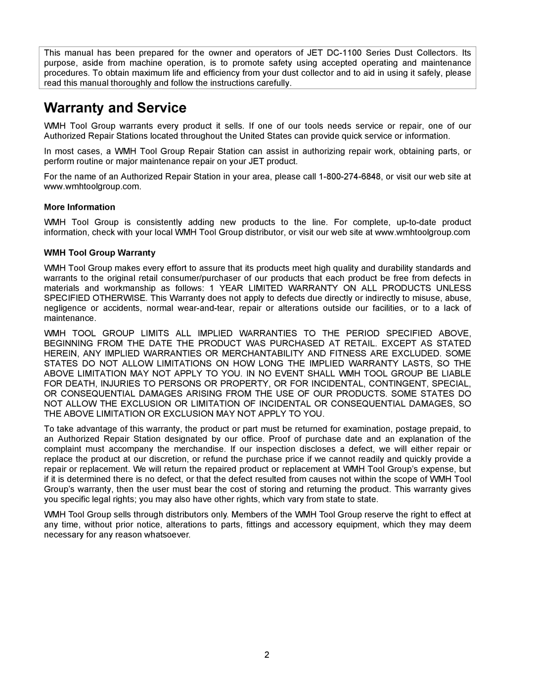 Jet Tools DC-1100G operating instructions Warranty and Service, More Information WMH Tool Group Warranty 