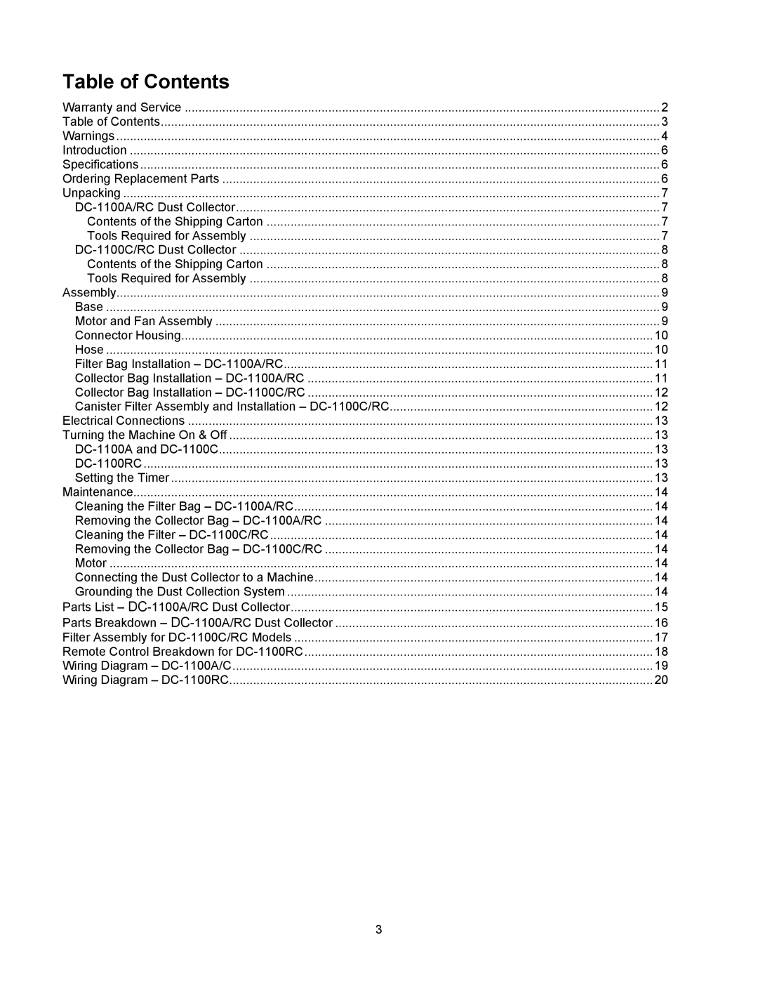 Jet Tools DC-1100G operating instructions Table of Contents 