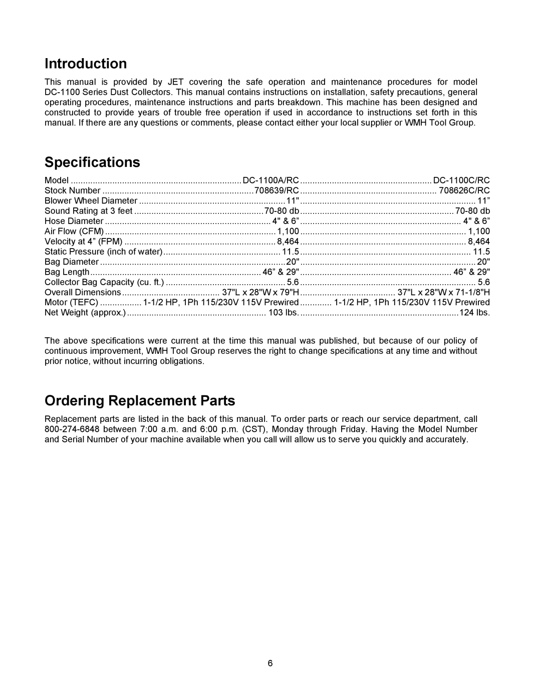 Jet Tools DC-1100G operating instructions Introduction, Specifications, Ordering Replacement Parts 