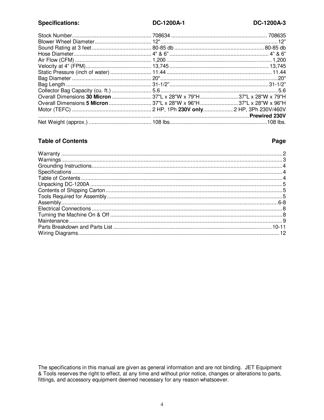 Jet Tools owner manual Specifications DC-1200A-1 DC-1200A-3, Table of Contents 